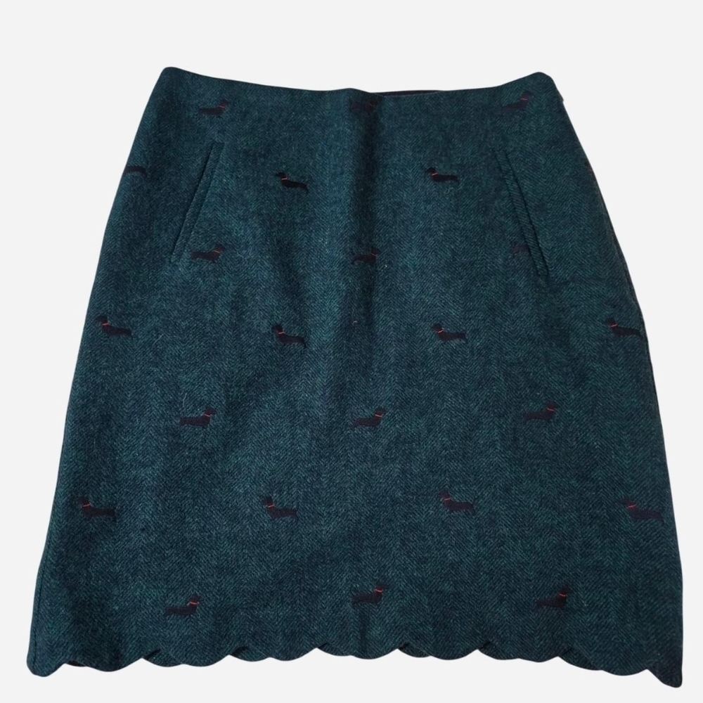 Talbots Teal Green Dachshund Dog Print Wool Blend Scalloped Pencil Skirt Size 4